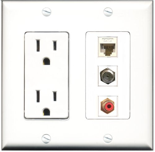 RiteAV - 15 Amp Power Outlet 1 Port RCA Red 1 Port Coax 1 Port Shielded Cat6 Ethernet Ethernet Decorative Wall Plate