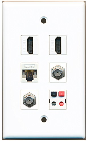 RiteAV - 2 HDMI 2 Port Coax Cable TV- F-Type 1 Port Cat5e Ethernet White 1 Port Speaker Wall Plate