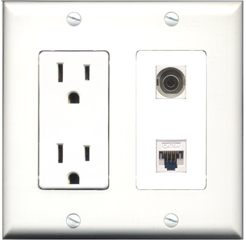 RiteAV - 15 Amp Power Outlet and 1 Port 3.5mm and 1 Port Cat5e Ethernet White Decorative Type Wall Plate White