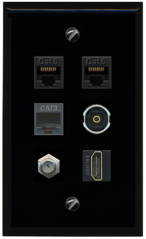 RiteAV 2 CAT6 Coax HDMI Phone TOSLINK Flat/Solid Wall Plate [Black]