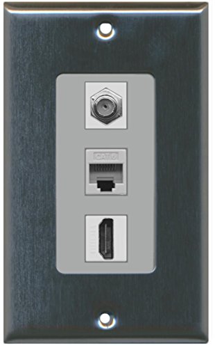 RiteAV Decorative 1 Gang Wall Plate (Stainless Steel/Gray) 3 Port - Coax (Gray) Cat6 (Gray) HDMI (Gray)