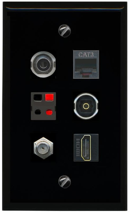 RiteAV 3.5mm COAX HDMI PHONE SPEAKER TOSLINK Flat/Solid Wall Plate [Black]