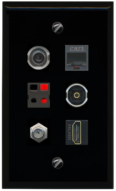 RiteAV 3.5mm COAX HDMI PHONE SPEAKER TOSLINK Flat/Solid Wall Plate [Black]