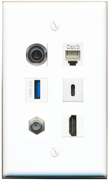 RiteAV 3.5mm Coax HDMI Phone USB-3 USBC Flat/Solid Wall Plate [White]