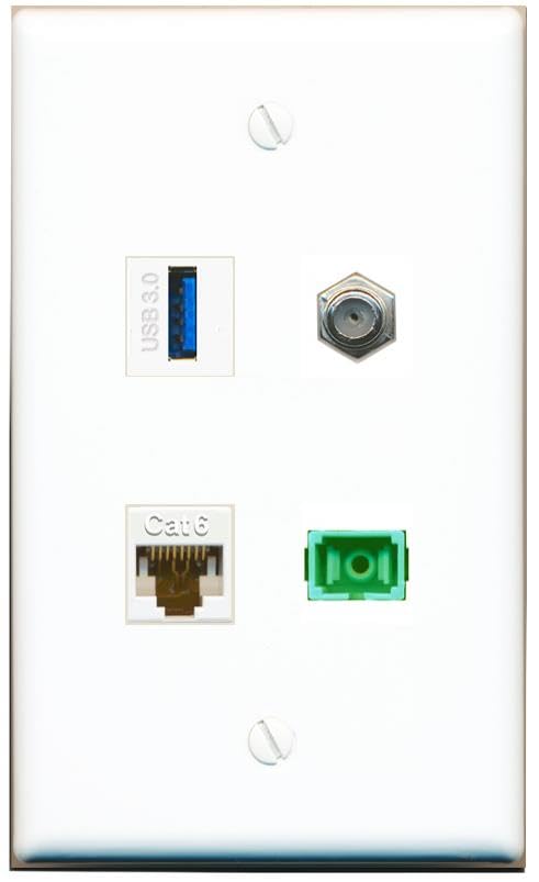 RiteAV - CAT6 COAX SC-APC Singlemode Simplex USB-3 Wall Plate Flat White