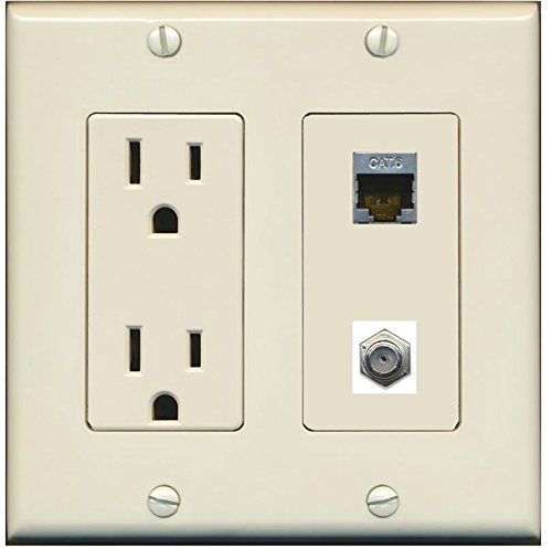 RiteAV - (2 Gang Decorative 15A Power Outlet Coax Shielded Cat6 Wall Plate Light Almond