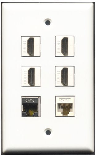 RiteAV - 4 Port HDMI 1 Shielded Cat6 Ethernet 1 Cat6 Ethernet White Wall Plate