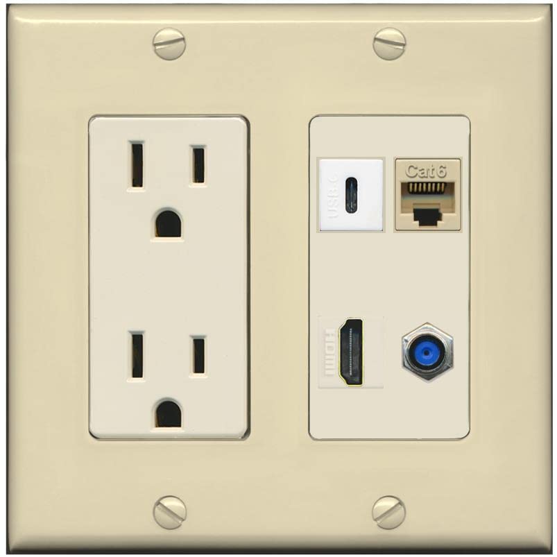 RiteAV USBC HDMI Cat6 Coax F81 Wall Plate - Outlet [Ivory/Light-Almond]