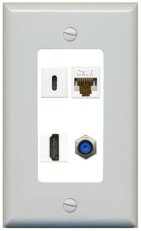 RiteAV USBC HDMI Cat6 Coax F81 Wall Plate - 1 Gang [Gray/White]