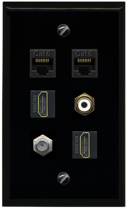 RiteAV 2 CAT6 COAX 2 HDMI RCA WHITE Flat/Solid Wall Plate [Black]