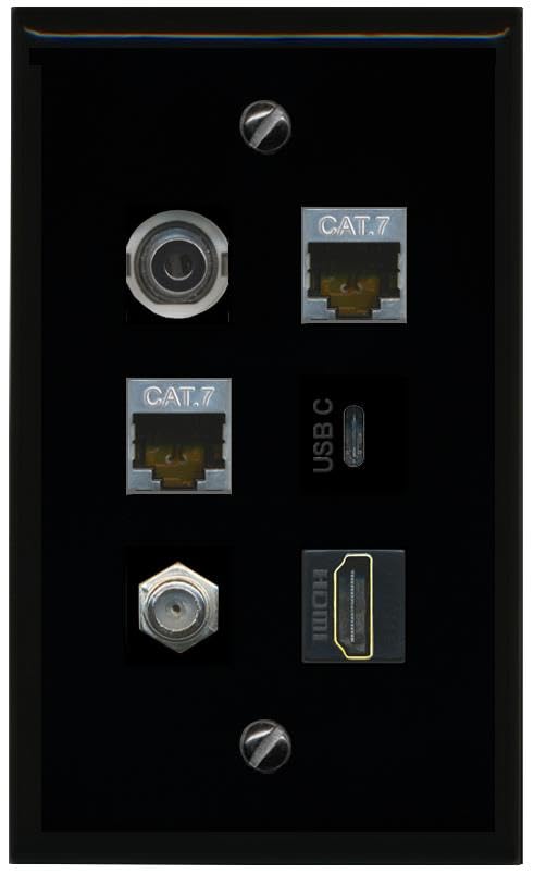 RiteAV 3.5mm 2 CAT7 Coax HDMI USBC Flat/Solid Wall Plate [Black]