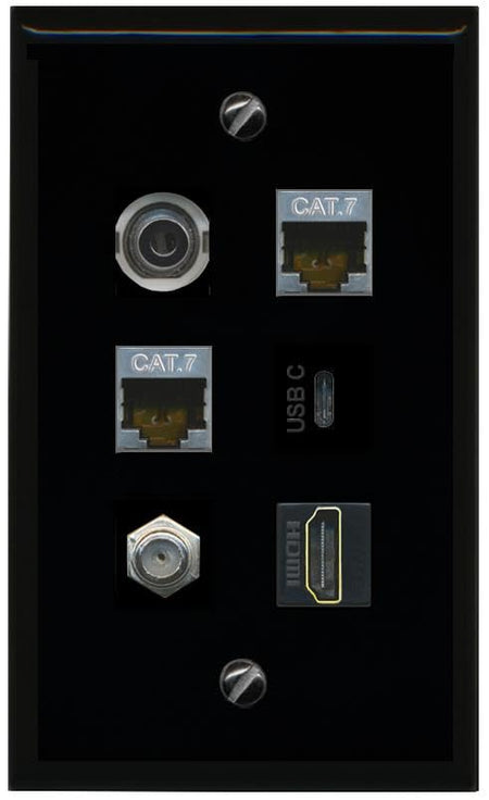 RiteAV 3.5mm 2 CAT7 Coax HDMI USBC Flat/Solid Wall Plate [Black]