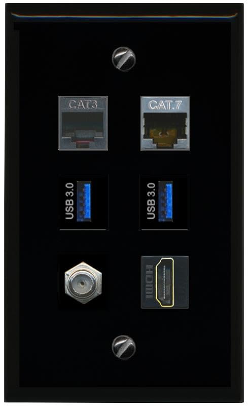 RiteAV CAT7 Coax HDMI Phone 2 USB 3 Flat/Solid Wall Plate [Black]