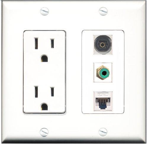 RiteAV - 15 Amp Power Outlet 1 Port RCA Green 1 Port Toslink 1 Port Cat5e Ethernet White Decorative Wall Plate