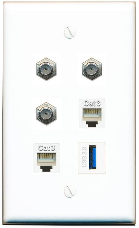 3 COAX 2 PHONE USB-3 Flat/Solid Wall Plate [White]