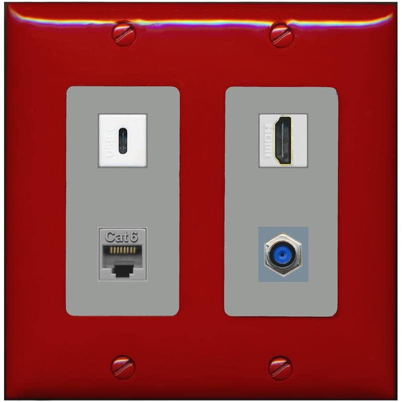 RiteAV USBC HDMI Cat6 Coax F81 Wall Plate - 2 Gang [Red/Gray]