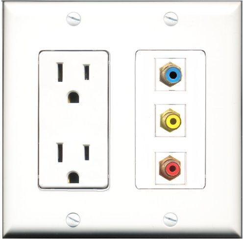 RiteAV - 15 Amp Power Outlet 1 Port RCA Red 1 Port RCA Yellow 1 Port RCA Blue Decorative Wall Plate
