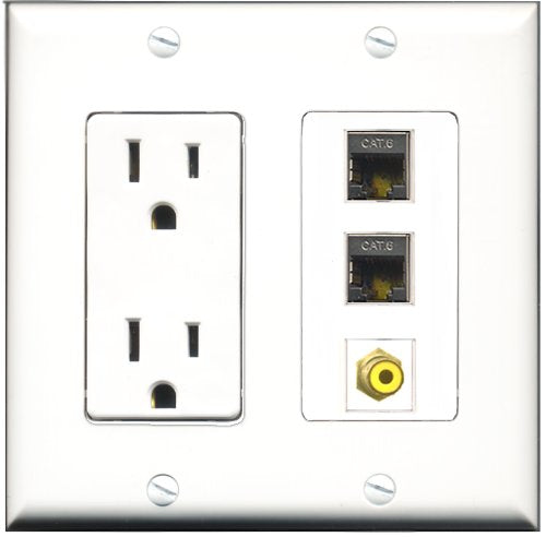 RiteAV - 15 Amp Power Outlet 1 Port RCA Yellow 2 Port Shielded Cat6 Ethernet Ethernet Decorative Wall Plate