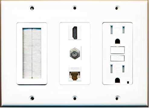 RiteAV - (3 Gang 15A GFCI Outlet Mesh-Brush HDMI Coax Cat6 White Wall Plate White