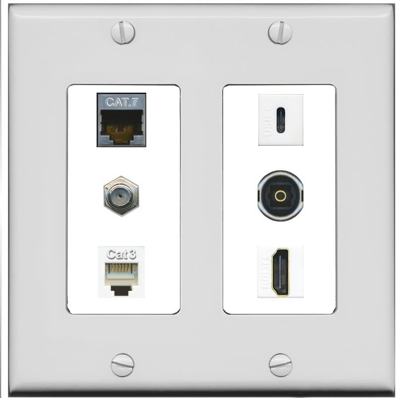 CAT7 Coax HDMI Phone TOSLINK USBC Wall Plate-2 Gang Gray/White