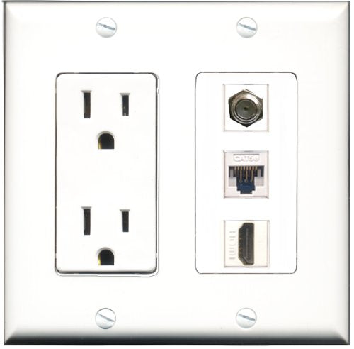 RiteAV - 15 Amp Power Outlet 1 Port HDMI 1 Port Coax 1 Port Cat5e Ethernet White Decorative Wall Plate