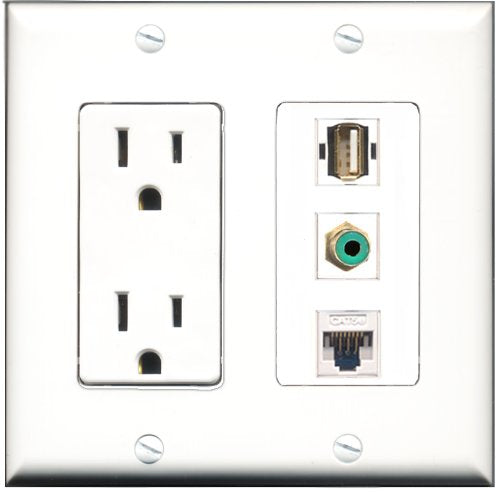 RiteAV - 15 Amp Power Outlet 1 Port RCA Green 1 Port USB A-A 1 Port Cat5e Ethernet White Decorative Wall Plate