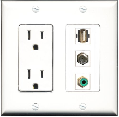 RiteAV - 15 Amp Power Outlet 1 Port RCA Green 1 Port Coax 1 Port USB A-A Decorative Wall Plate