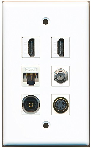 RiteAV - 2 HDMI 1 Port Coax Cable TV- F-Type 1 Port S-Video 1 Port Toslink 1 Port Cat5e Ethernet White Wall Plate