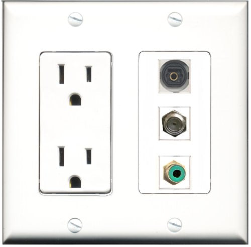 RiteAV - 15 Amp Power Outlet 1 Port RCA Green 1 Port Coax 1 Port Toslink Decorative Wall Plate