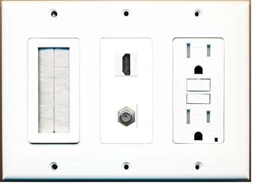 RiteAV - (3 Gang 15A GFCI Outlet Mesh-Brush HDMI Coax Wall Plate White