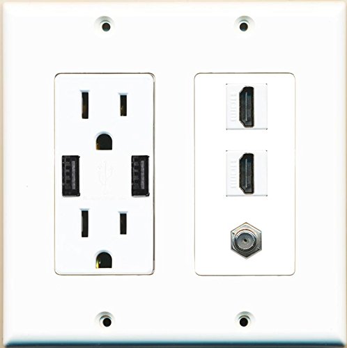 RiteAV 15A 125V Power Outlet with 2 Powered USB Ports and 2 x HDMI 1 x Coax Cable Decorative White Wall Plate