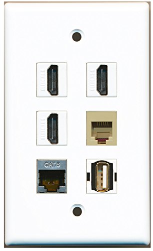 RiteAV - 3 HDMI 1 Port USB A-A 1 Port Phone RJ11 RJ12 Beige 1 Port Shielded Cat6 Ethernet Wall Plate