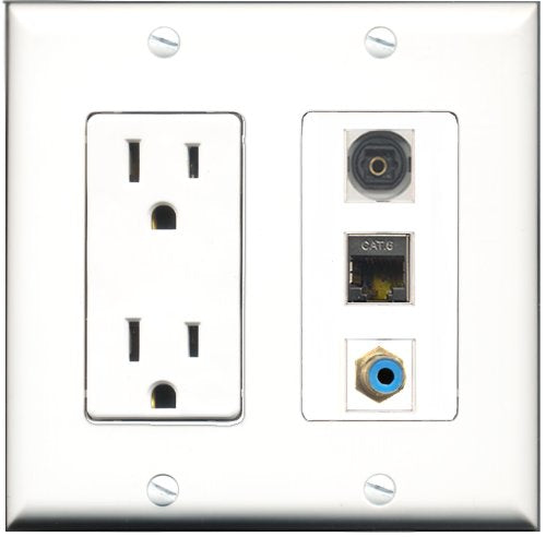 RiteAV - 15 Amp Power Outlet 1 Port RCA Blue 1 Port Shielded Cat6 Ethernet Ethernet 1 Port Toslink Decorative Wall Plate
