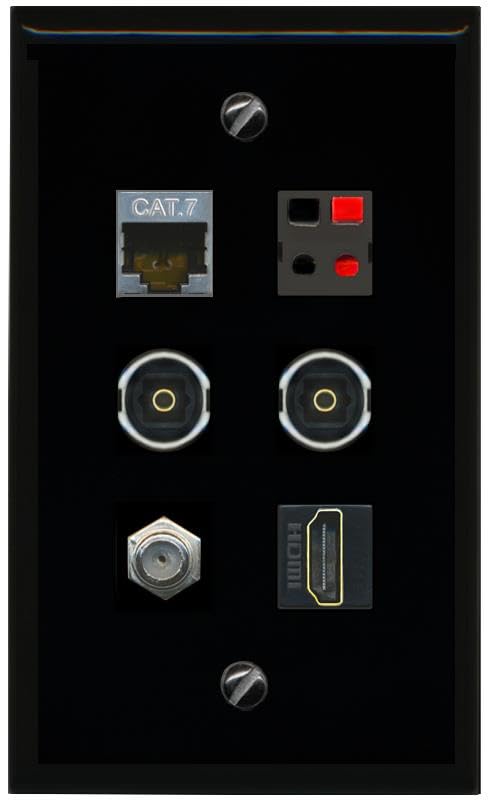 RiteAV CAT7 COAX HDMI SPEAKER 2 TOSLINK Flat/Solid Wall Plate [Black]