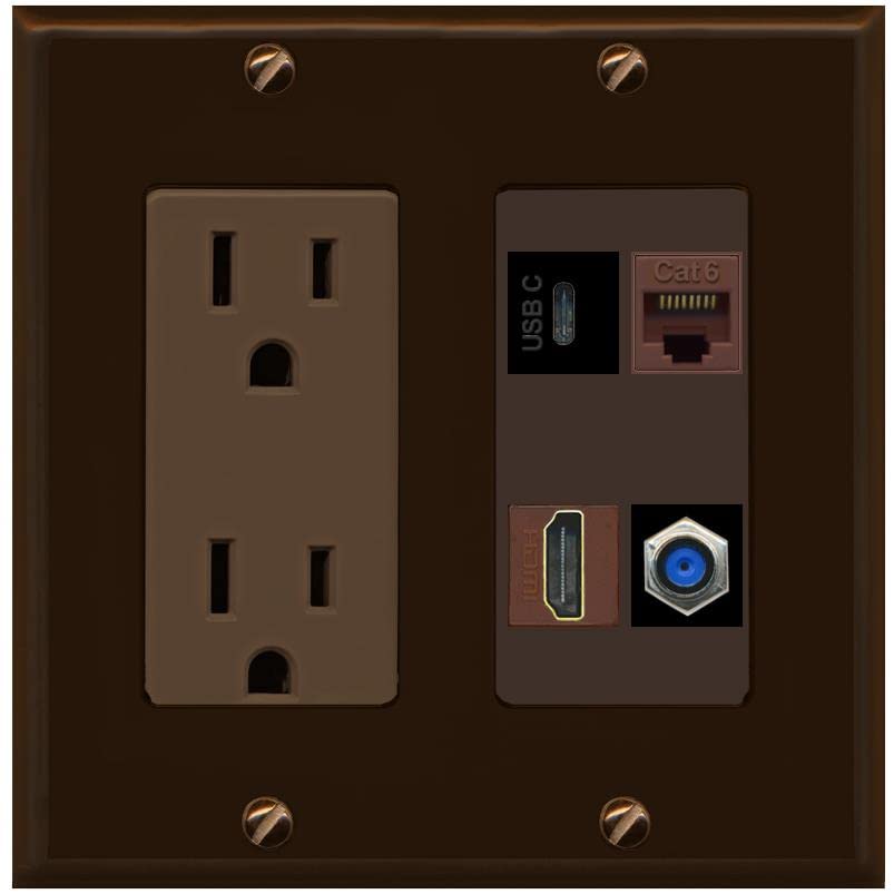 RiteAV USBC HDMI Cat6 Coax F81 Wall Plate - Outlet [Brown/Brown]