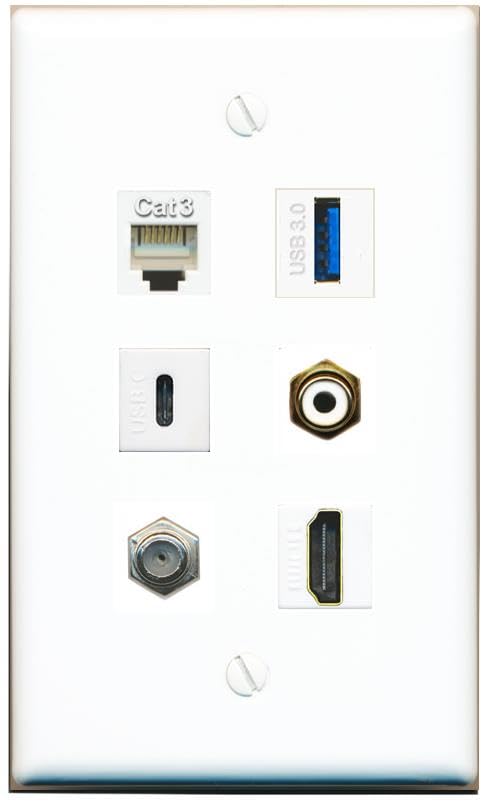RiteAV Coax HDMI Phone RCA-White USB-3 USBC Flat/Solid Wall Plate [White]