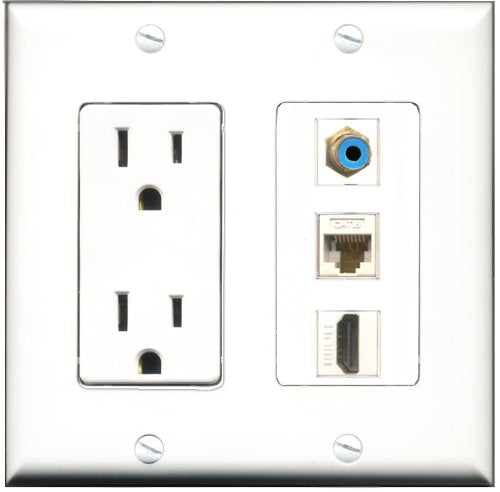 RiteAV - 15 Amp Power Outlet 1 Port HDMI 1 Port RCA Blue 1 Port Cat6 Ethernet Ethernet White Decorative Wall Plate