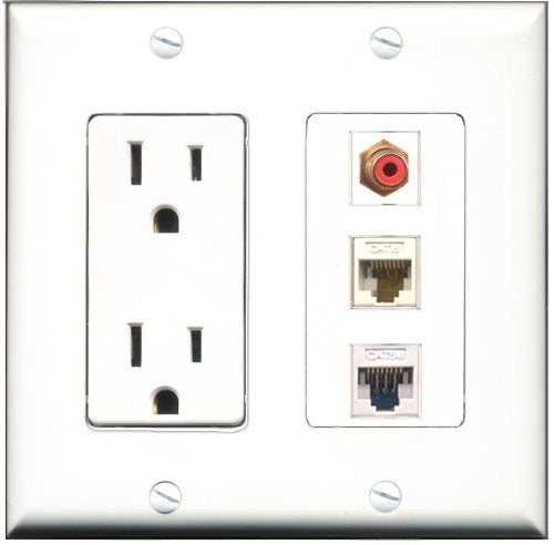 RiteAV - 15 Amp Power Outlet 1 Port RCA Red 1 Port Cat5e Ethernet White 1 Port Cat6 Ethernet Ethernet White Decorative Wall Plate