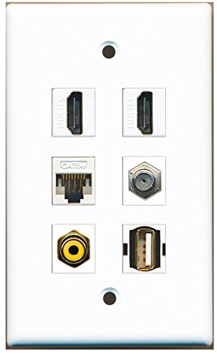 RiteAV - 2 HDMI 1 Port RCA Yellow 1 Port Coax Cable TV- F-Type 1 Port USB A-A 1 Port Cat5e Ethernet White Wall Plate