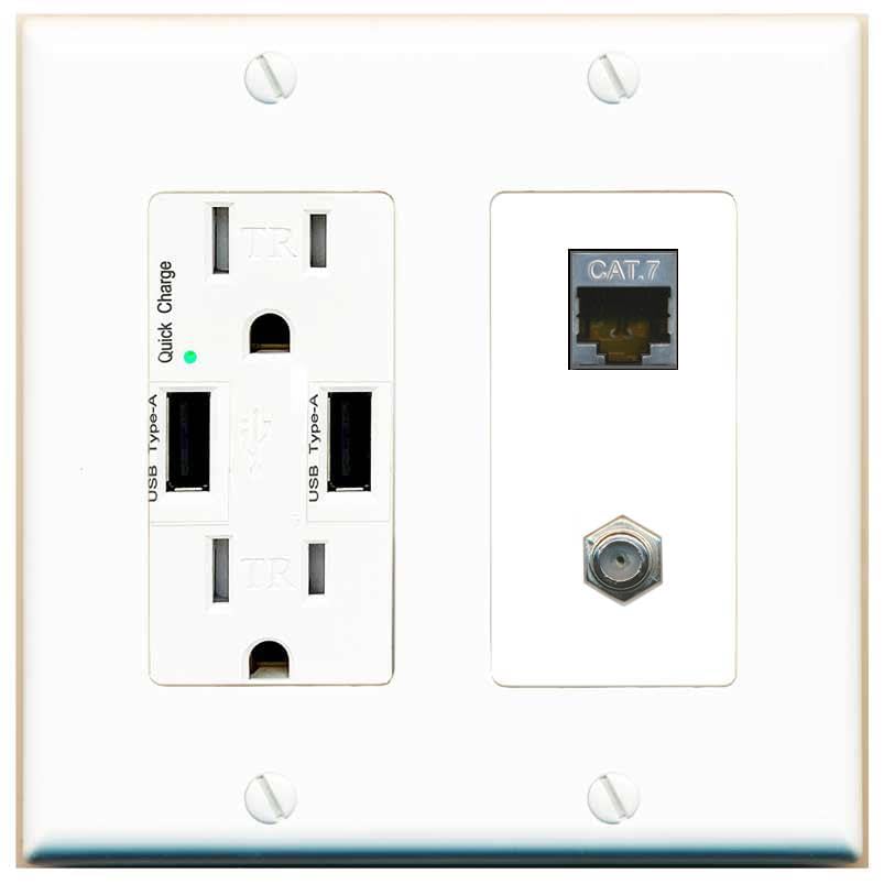 RiteAV Coax and Cat7 Wall Plate - USB Charger [White/White]