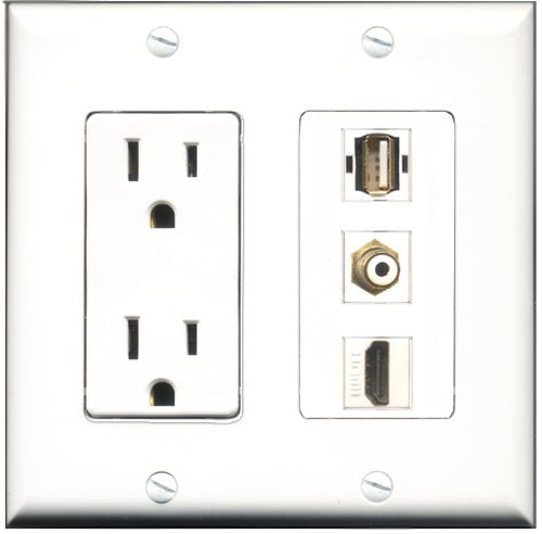 RiteAV - 15 Amp Power Outlet 1 Port HDMI 1 Port RCA White 1 Port USB A-A Decorative Wall Plate