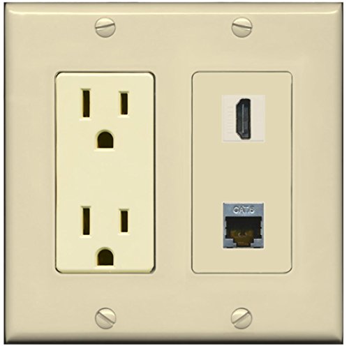 RiteAV - 15 Amp Power Outlet and 1 Port HDMI and 1 Port Shielded Cat6 Ethernet Decorative Type Wall Plate - Ivory