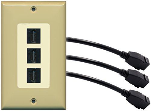 RiteAV (1 Gang Decorative) 3 HDMI Black Wall Plate w/Pigtail Extension Cable Ivory (Lt. Almond Insert)