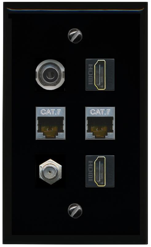 RiteAV 3.5mm 2 CAT7 COAX 2 HDMI Flat/Solid Wall Plate [Black]