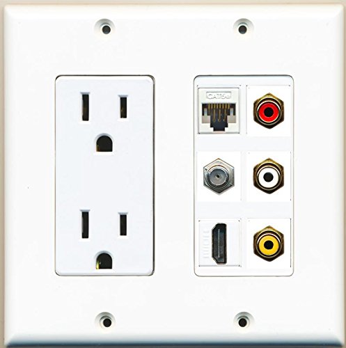 RiteAV 15 Amp Power Outlet HDMI Cat5E Coax Cable TV Composite Wall Plate White