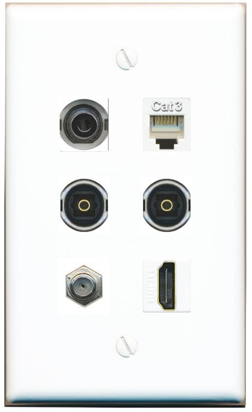 RiteAV 3.5mm Coax HDMI Phone 2 TOSLINK Flat/Solid Wall Plate [White]