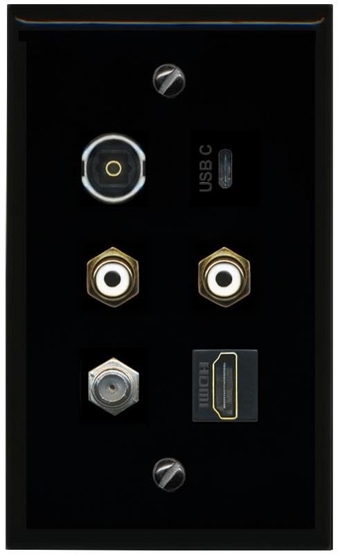 RiteAV Coax HDMI 2 RCA White TOSLINK USBC Flat/Solid Wall Plate [Black]