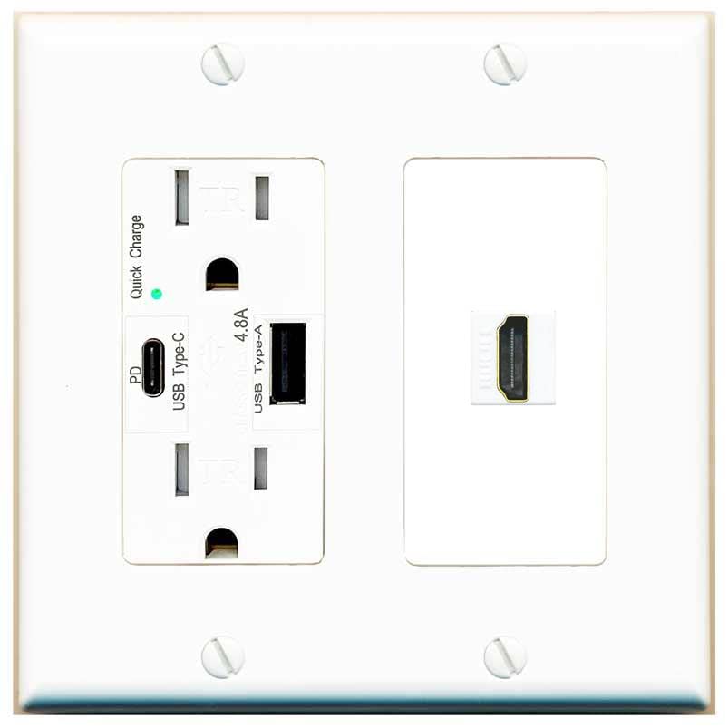 RiteAV Custom HDMI Wall Plate 1 Port - USB A+C Charger [White/White]