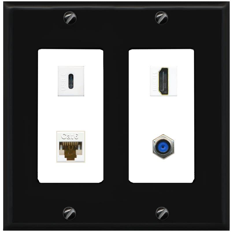 RiteAV USBC HDMI Cat6 Coax F81 Wall Plate - 2 Gang [Black/White]