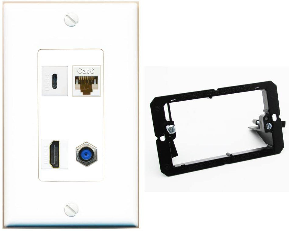 RiteAV USBC HDMI Cat6 Coax F81 Wall Plate - 1 Gang w-Bracket [White/White]